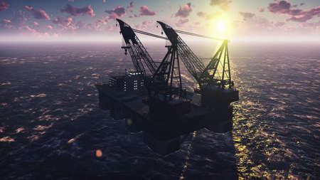 Oil platform, offshore platform, or offshore drilling rig in sea at sunrise. 3D Renderingの写真素材