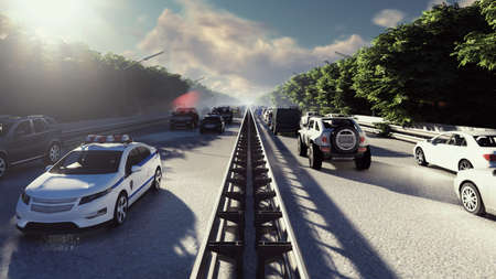 Heavy traffic in the city during the day. Cars entering the city in the morning. 3D Renderingの写真素材