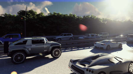 Heavy traffic in the city during the day. Cars entering the city in the morning. 3D Renderingの写真素材