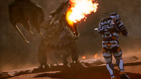 Astronaut against the dragon. Epic battle with explosions, shots and smoke on an uncharted planet. 3D Renderingの写真素材