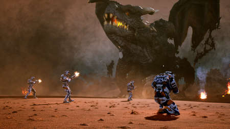 Astronauts against the dragon. Epic battle with explosions, shots and smoke on an uncharted planet. 3D Renderingの写真素材