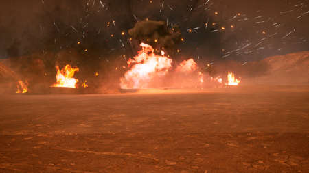 The battlefield in the smoke in the middle of explosions on an uncharted planet. 3D Renderingの写真素材