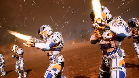 The commander and his soldiers of the future attack the enemy in the smoke in the middle of explosions on an uncharted planet. 3D Renderingの写真素材