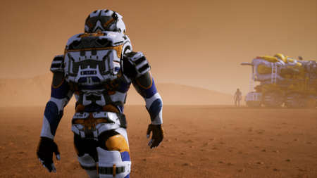 Astronaut walks on the surface of Mars to the Rover, through a dust storm. Panoramic landscape on...