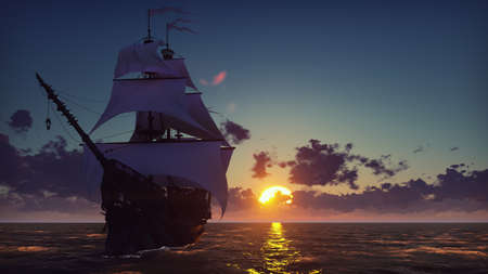 Large medieval ship on the sea on a sunset. The old medieval ship gracefully sails in the open sea. 3D Renderingの写真素材