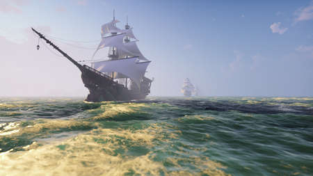 Medieval Wooden boats on the sea on a Sunny day. Pirates sailing down the sea on a ship. 3D Renderingの写真素材