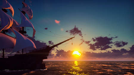 Large medieval ship on the sea on a sunrise. The old medieval ship gracefully sails in the open sea....
