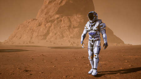 Astronaut goes on the surface of Mars through a dust storm past the giant solar panels. Panoramic landscape on the surface of Mars. 3D Renderingの写真素材