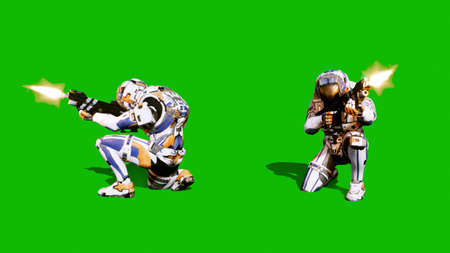 A lone soldier of the future attacks the enemy on the background of the green screen. 3D Renderingの写真素材
