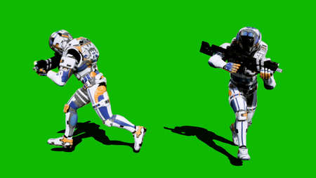 A lone soldier of the future runs with weapons on a green screen background. 3D Renderingの写真素材