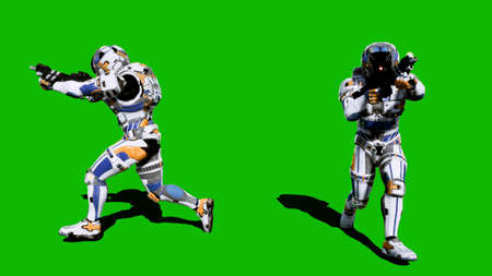A lone soldier of the future runs with weapons on a green screen background. 3D Renderingの写真素材