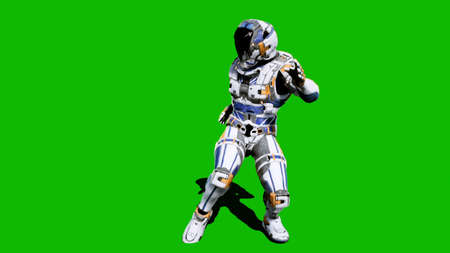 Astronaut-soldier of the future, dancing in front of a green screen. 3D Renderingの写真素材