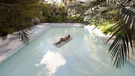 Beautiful swimming pool with bathing people, on a lost tropical island on a clear Sunny day. 3D Renderingの写真素材