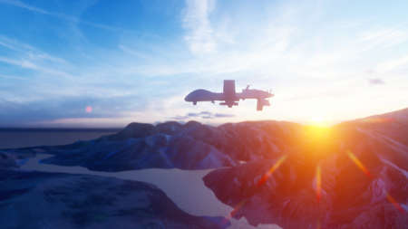 A military drone flies over a desert mountain plain at sunset. 3D Rendering