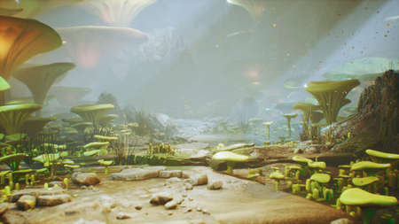 Fantasy mushrooms in a magic forest. Beautiful magic mushrooms in the lost forest and fireflies on the background with the fog. 3D Renderingの写真素材