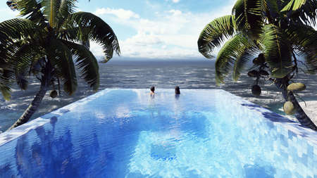 Beautiful swimming pool with bathing man and woman at sunny day, on a lost tropical island. 3D Renderingの写真素材