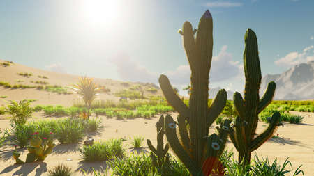 Sunrise in the desert. Early morning. Far mountains, sand dunes and sultry sky. Beautiful scenery....