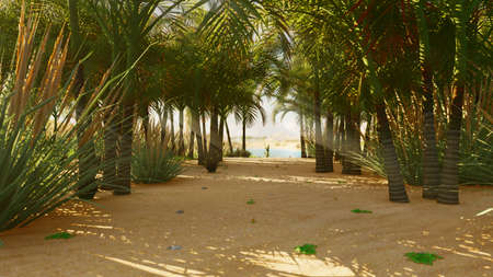 An oasis in the desert. Clear hot day. Distant mountains, sand dunes and a sultry sky. Beautiful scenery. Insects in the bushes and birds in the sky. Sand dunes and cacti. 3D Renderingの写真素材