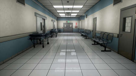 Empty hospital endless corridor. Empty corridor of the clinic. A long endless hallway with doors. The corridor of the medical center. 3D Renderingの写真素材