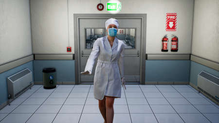 The nurse goes through the empty endless hospital corridor. A long endless corridor with doors. The corridor of the medical center. 3D Renderingの写真素材