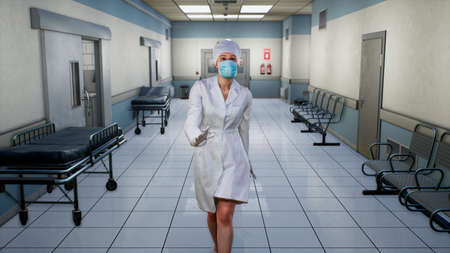 The nurse goes through the empty endless hospital corridor. A long endless corridor with doors. The corridor of the medical center. 3D Renderingの写真素材