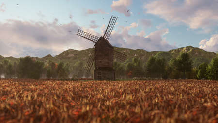 Traditional village windmill standing near the pond against the background of mountains and clouds. 3D Renderingの写真素材