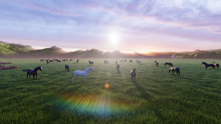 A herd of young horses graze on a picturesque green meadow on a beautiful summer morning. 3D Renderingの写真素材