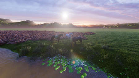Two young horses graze on a picturesque green meadow near a beautiful pond on a beautiful spring morning. 3D Renderingの写真素材