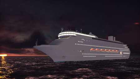 Luxury cruise ship sailing from the port at sunrise across the ocean. Beautiful summer background. 3D Renderingの写真素材