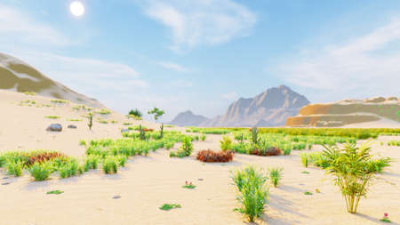 Desert horizon. Clear day. Mountains in the distance, sand dunes and blue sky. Beautiful scenery. Sand dunes and hot sky. Sand dunes and cacti. 3D Renderingの写真素材