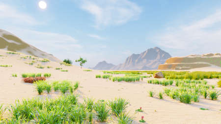 Desert horizon. Clear day. Mountains in the distance, sand dunes and blue sky. Beautiful scenery. Sand dunes and hot sky. Sand dunes and cacti. 3D Renderingの写真素材