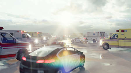 Several ambulances and police cars are waiting for the call. Concept of emergency medical and police...