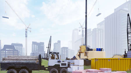 Industrial landscape with cranes and houses under construction, construction site on a foggy summer day. The concept of the construction. 3D Renderingの写真素材