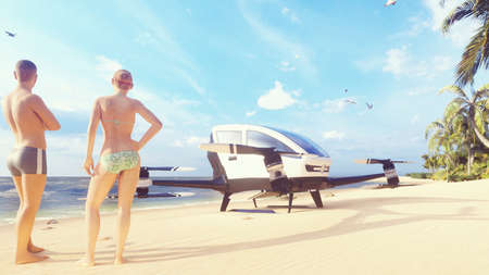 Unmanned passenger air taxi on the beach of a tropical island. The concept of the future driverless...