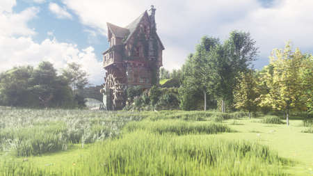 Beautiful countryside with a pond and a water mill. The mill wheel rotates under the pressure of the water flow.の写真素材
