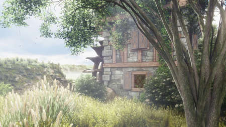 Beautiful countryside with a water mill. The mill wheel rotates against the background of beautiful summer nature.の写真素材