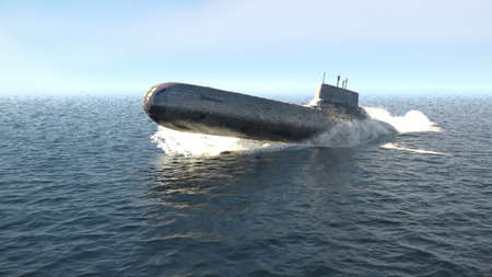 A nuclear-powered military submarine emerges from the depths of the ocean. 3D Rendering
