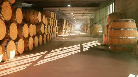 Warehouse with barrels for wine, whiskey or other alcohol. Barrels lying in several rows. 3D...