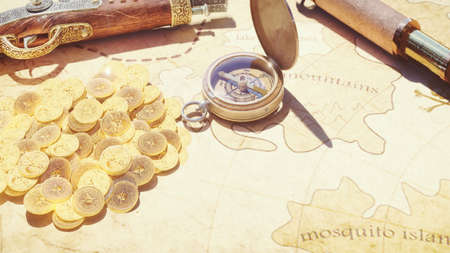 Pirate compass with pistol and spyglass lie on the treasure map. Pirate treasure and old pirate map on pirate island.の写真素材