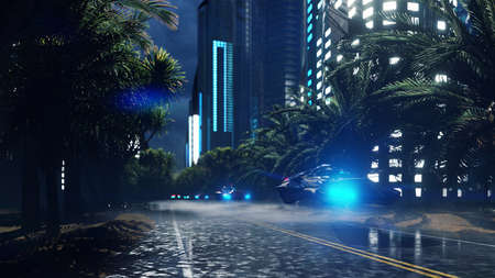 Futuristic sci-fi flying cars fly over the night wet highway, through the night city. The concept of the future.の写真素材
