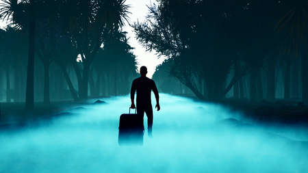 A tourist with a bag got lost in a dark scary mystical misty forest. Fairy forest with tall firs in...