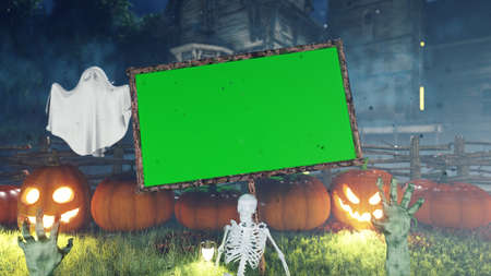 Halloween background animation with green screen banner, with creepy skeleton, hands of the dead, ghost, glowing pumpkin and old creepy mansion. 3D Renderingの写真素材