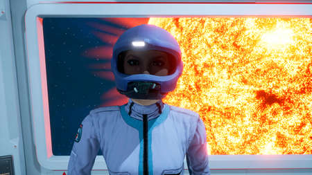 A female astronaut leaves the room of the spacecraft to perform a combat mission. 3D Renderingの写真素材