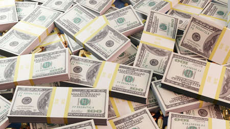 A lot of dollar bills in one heap along with gangster mafia bullets. Gangster wealth and deadly...