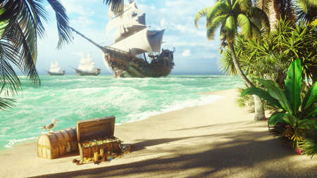 Sand, sea, sky, clouds, palm trees and a clear summer day. Pirate frigates docked near the island. Pirate island and chests of gold. 3D Renderingの写真素材