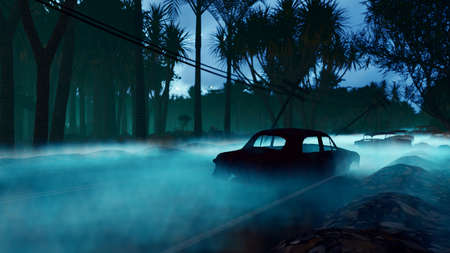 Mystical abandoned desert highway on a dark night. In the middle of the road there are old rusty abandoned cars, and on the roadside a pile of dusty and rusty rubbish. 3D Renderingの写真素材