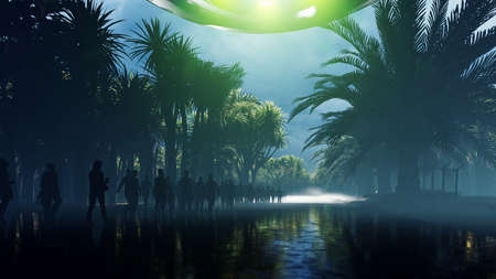 A crowd of people is on the call of aliens. People walk on the wet highway over which flies an alien UFO. For fiction, futuristic, sci-fi or interstellar backgrounds.の写真素材