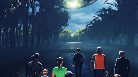A crowd of people is on the call of aliens. People walk on the wet highway over which flies an alien UFO. For fiction, futuristic, sci-fi or interstellar backgrounds.の写真素材
