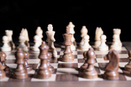 Chess game. White and black pieces are fighting for victory. The Central figure is in focus. The concept of teamwork.の写真素材
