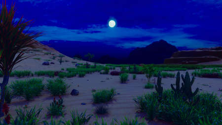 Desert horizon. Moonlit night. Far mountains, sand dunes and blue sky. Beautiful scenery. Sand dunes and night sky. Sand dunes and cacti. 3D Renderingの写真素材